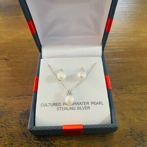 Sterling Silver Pearl Necklace and Earring Set